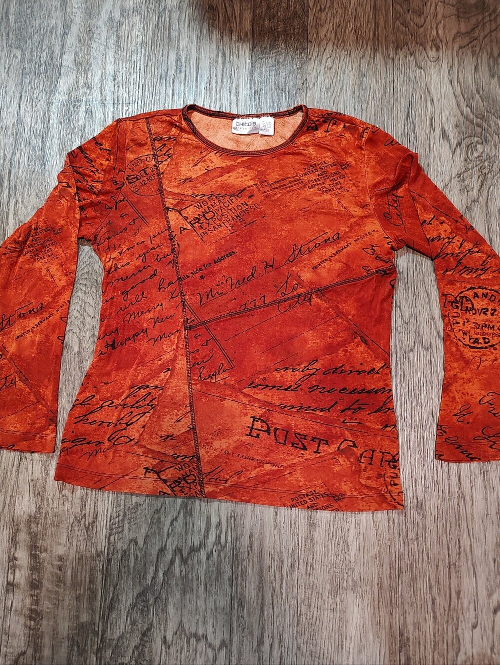 Chico's Travelers Rust Orange Script-Print Long Sleeve Top Chico Size 2